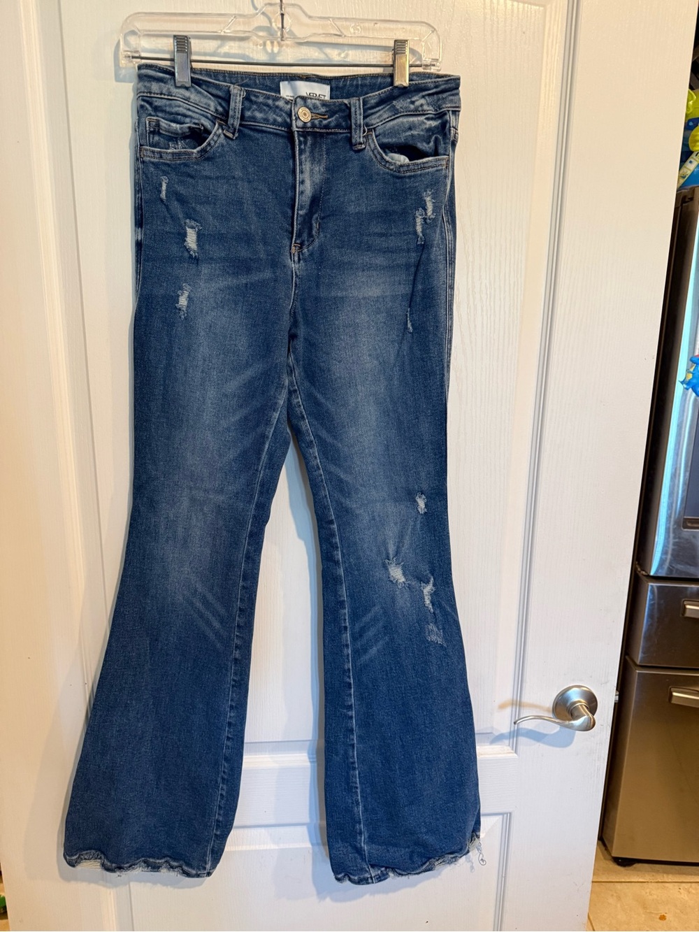 Vervet women’s high rise flare denim distressed blue jeans raw hem size 28